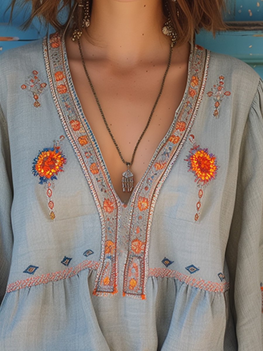 MADELINE – BOHO EMBROIDERED FLOWY BLOUSE