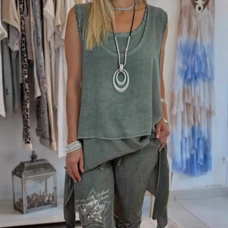 Ora - Women's Two-Piece Set: Sleeveless Top and Printed Trousers