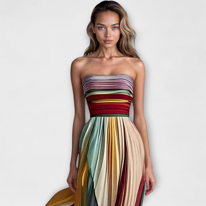 ORION – AVERY PLEATED RAINBOW STRAPLESS DRESS